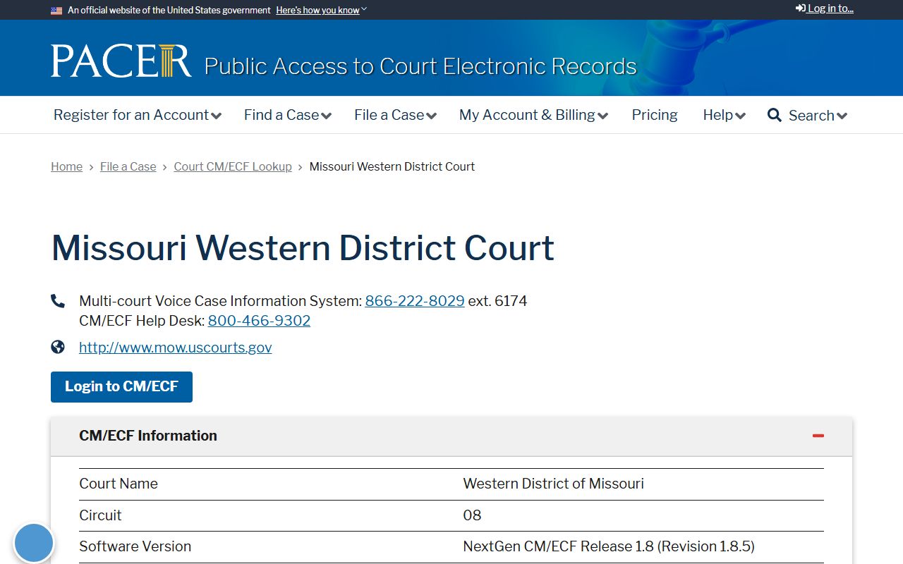 Barry County court dockets PACER lookup for Missouri Western District