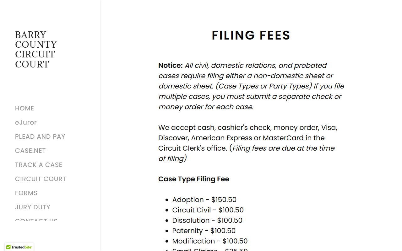 Barry County court records filing fee schedule