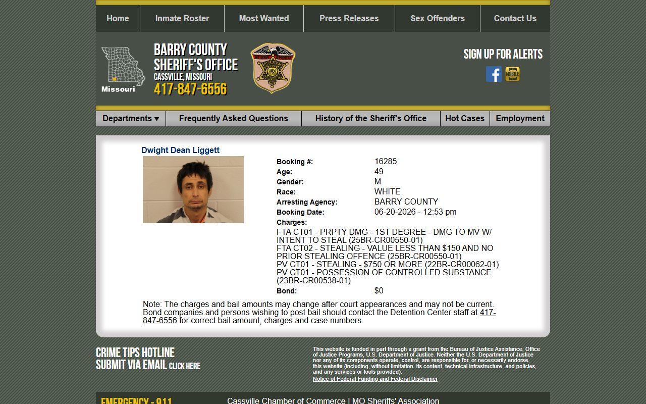 Barry County warrant records sample inmate profile charges and bond warning
